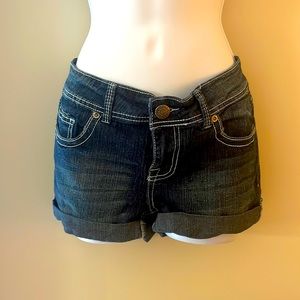Bifold Jean Shorts with beaded back pockets.